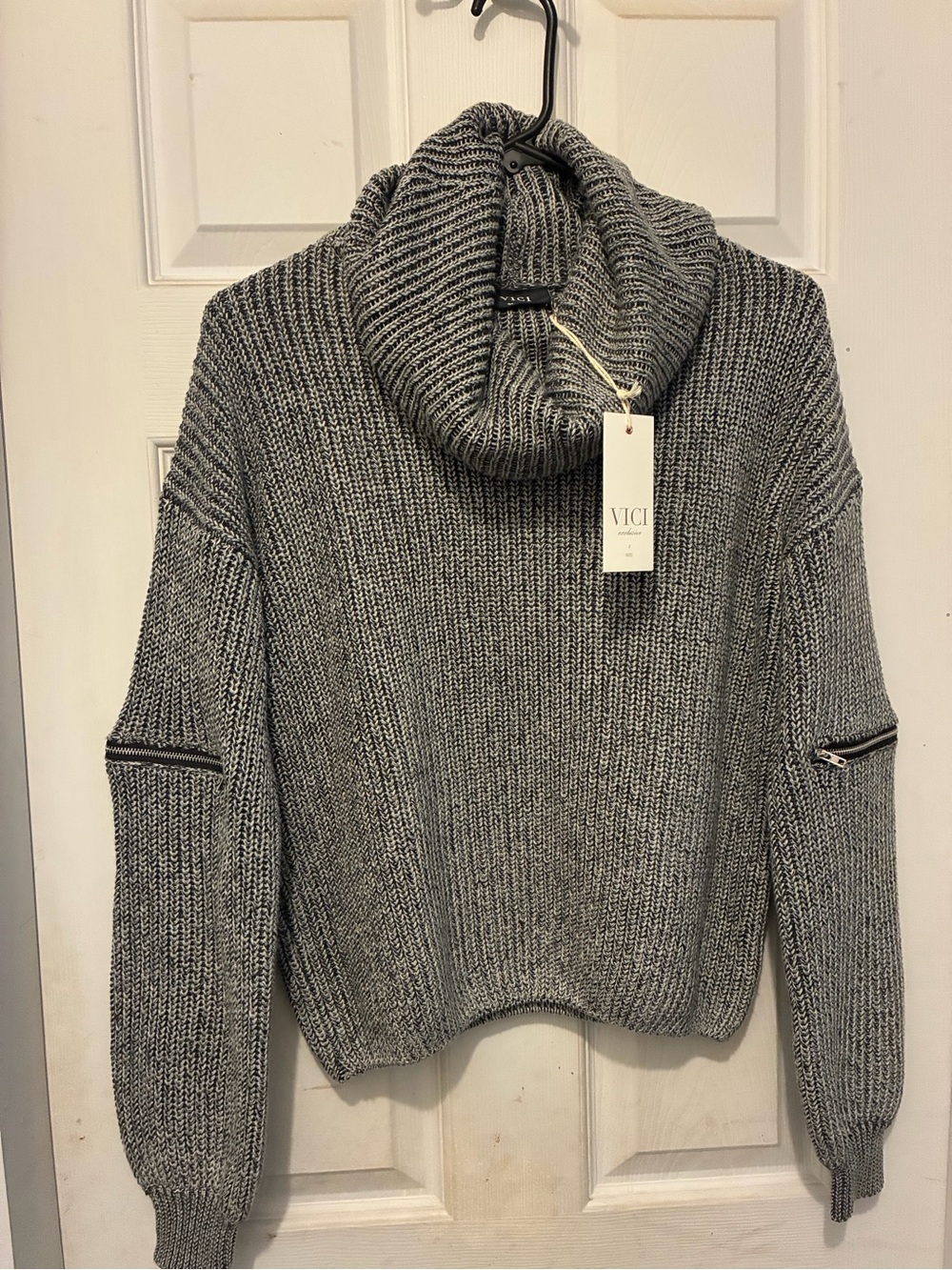 Vici Charcoal Marled Cowl Neck Zip-Sleeve Sweater